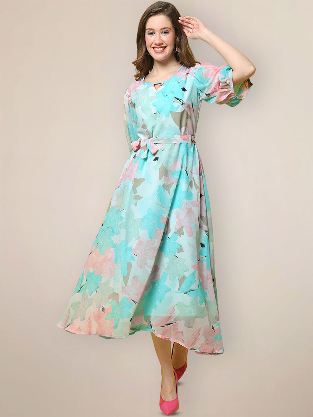 

Metronaut Women Floral Printed Fit & Flare Midi Dress, Teal