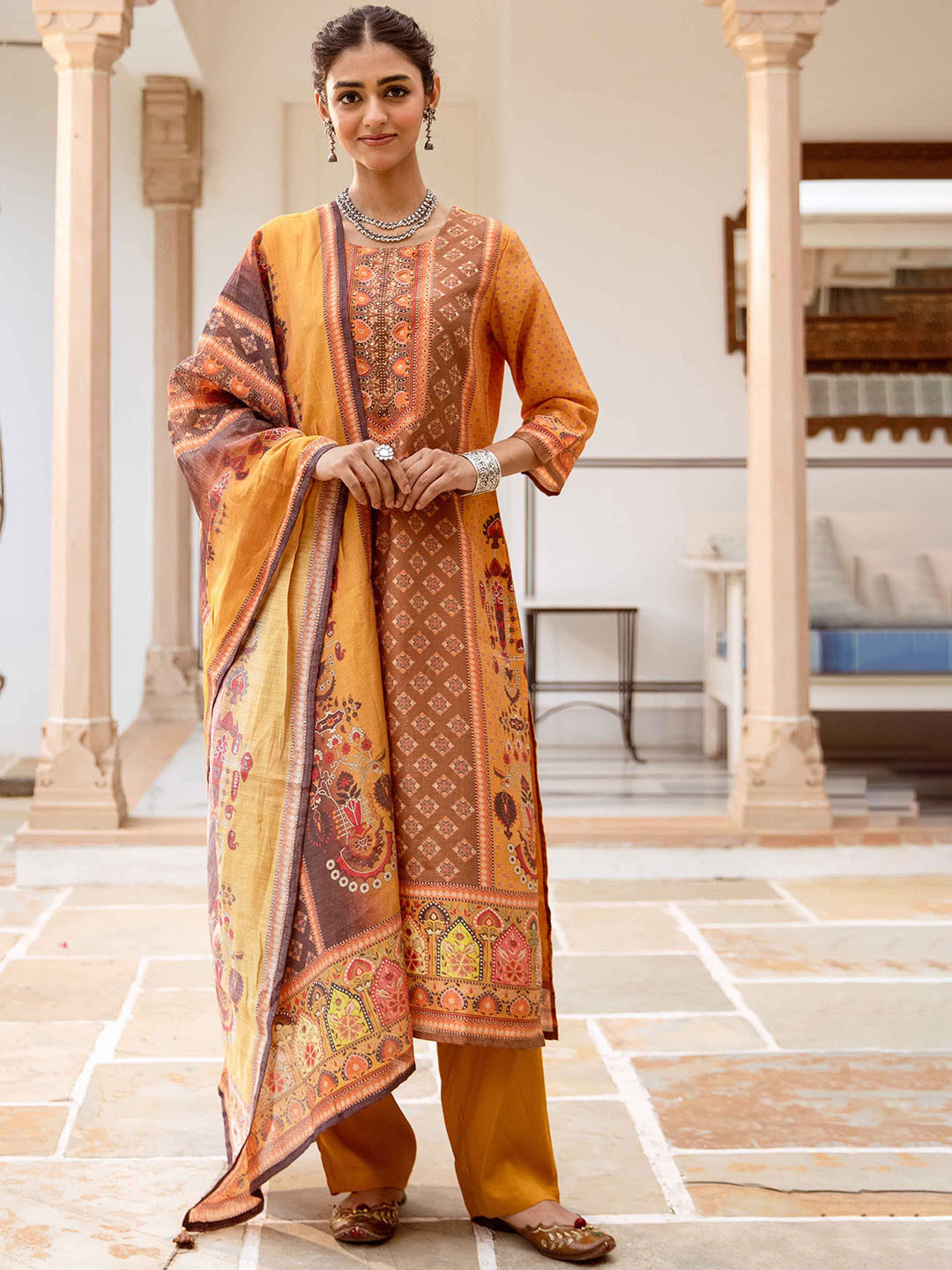 

DIVASTRI Floral Printed Round Neck Sequinned Straight Kurta With Trousers & Dupatta, Mustard