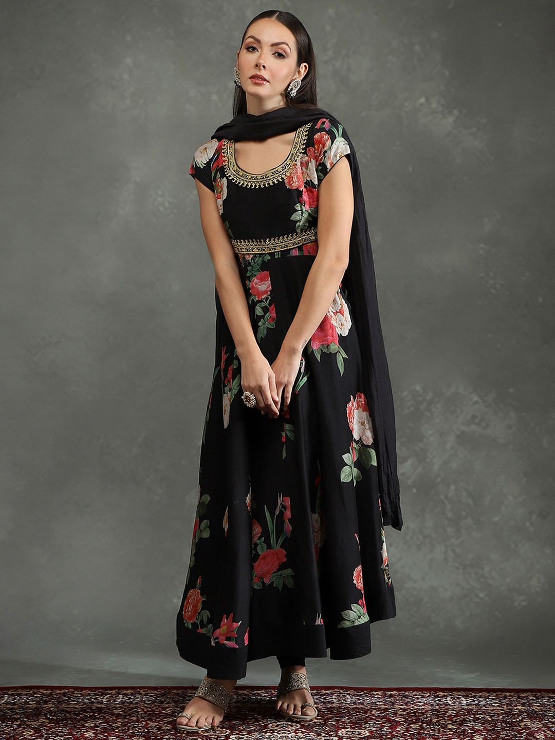 

Biba by Rohit Bal Floral Printed Kurta with Churidar & Dupatta, Black
