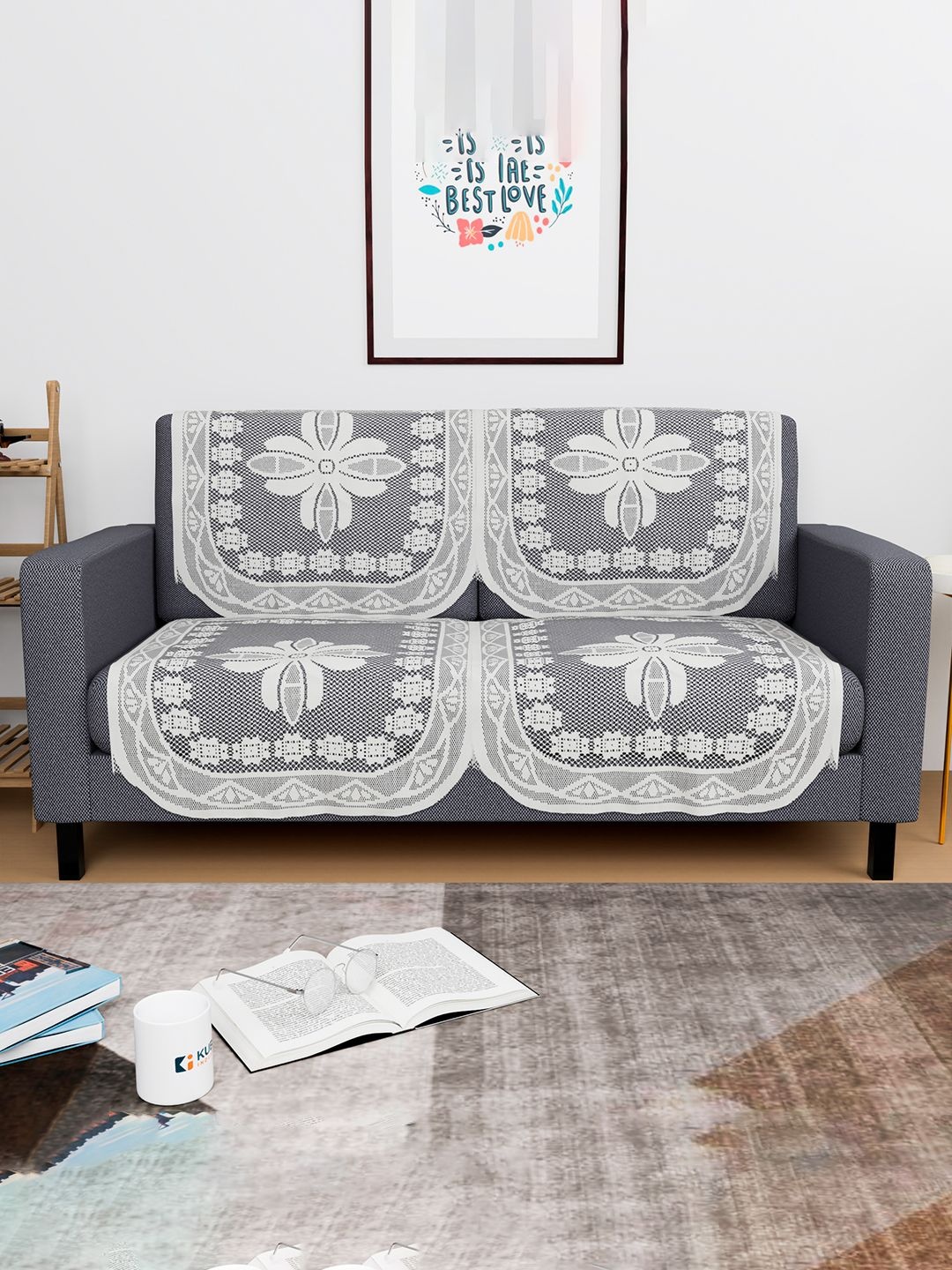 

Kuber Industries White 4 Pieces Embroidered Cotton 2 Seater Sofa Covers