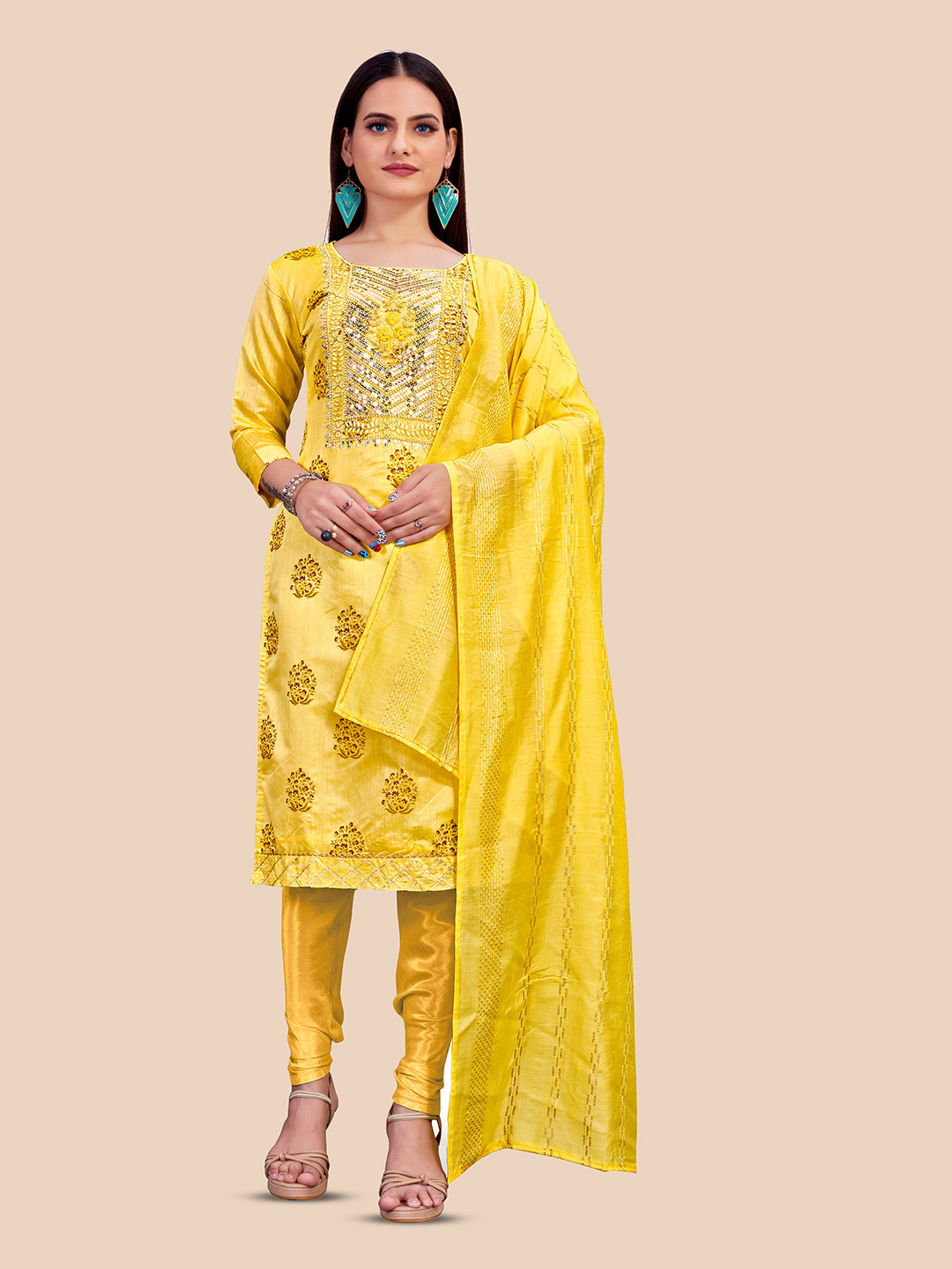 

Maroosh Floral Foil Printed Embellished Unstitched Dress Material, Yellow