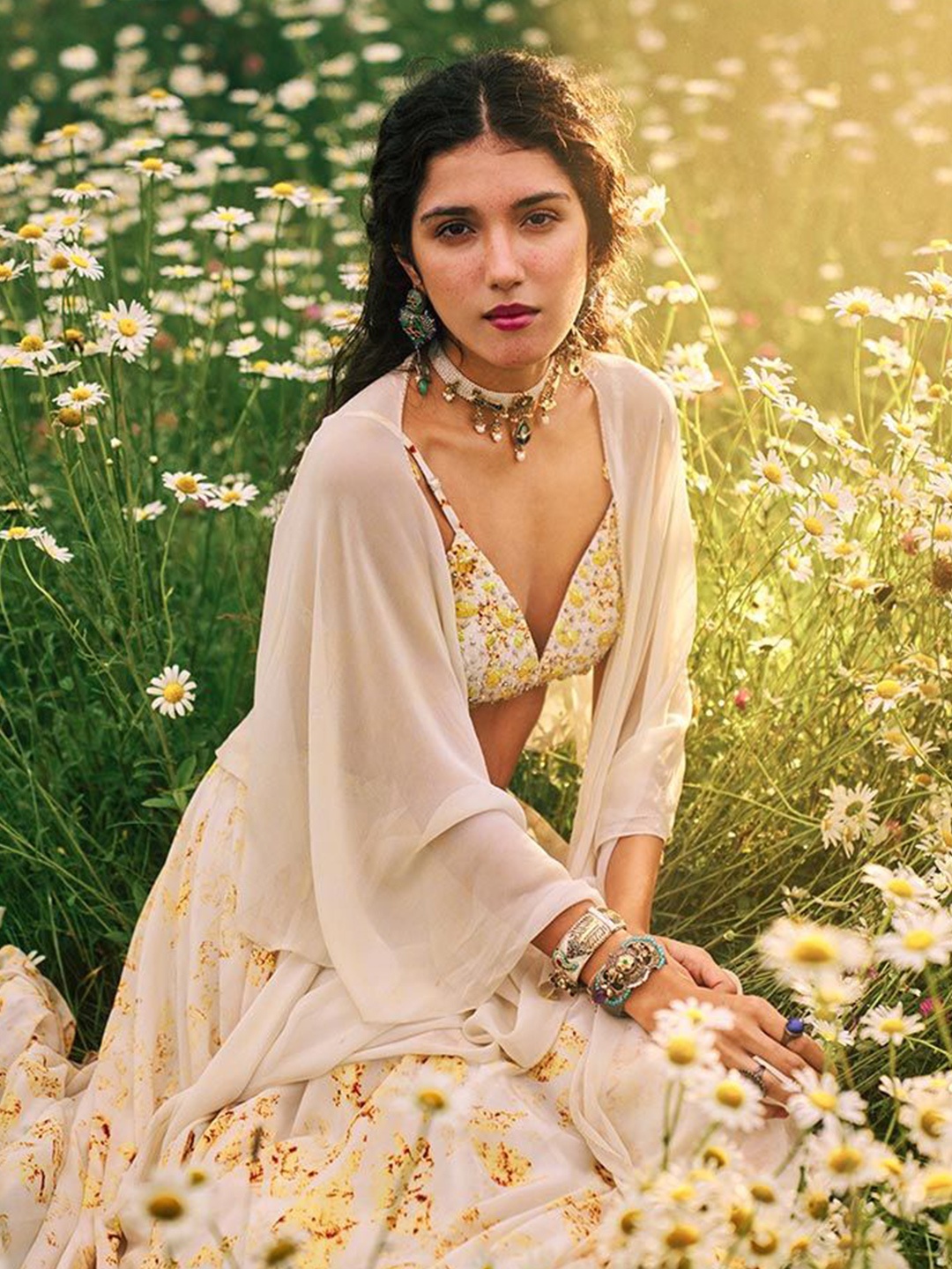 

SAUNDH Printed Ready to Wear Lehenga & Semi-Stitched Blouse, Off white