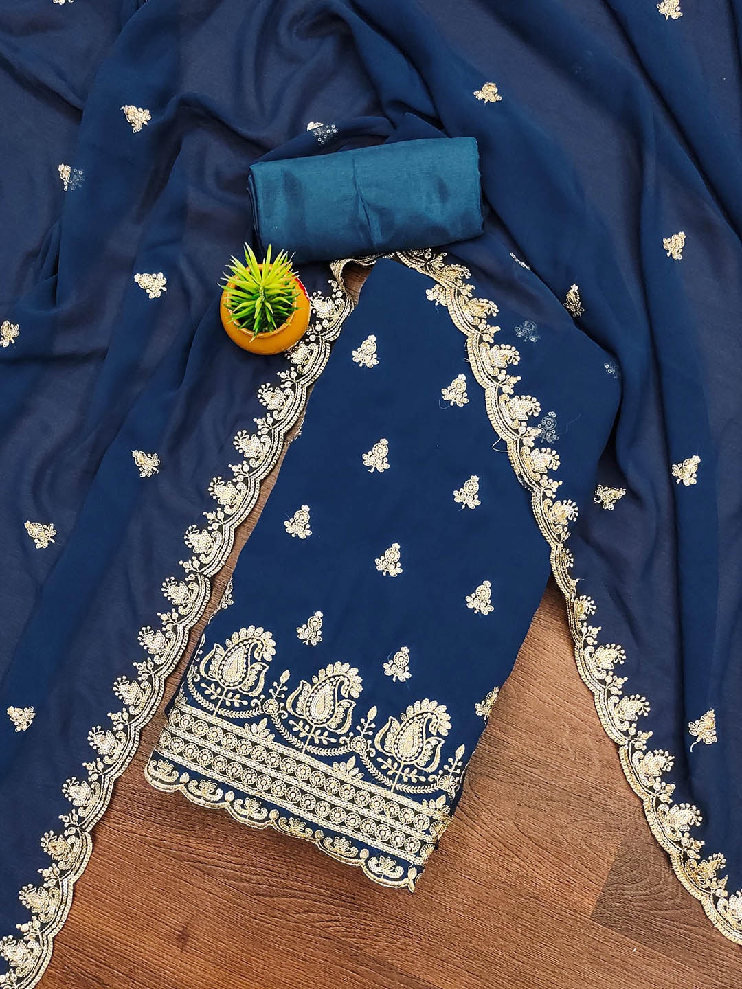 

SHADOW & SAINING Floral Embroidered Silk Georgette Unstitched Dress Material, Teal
