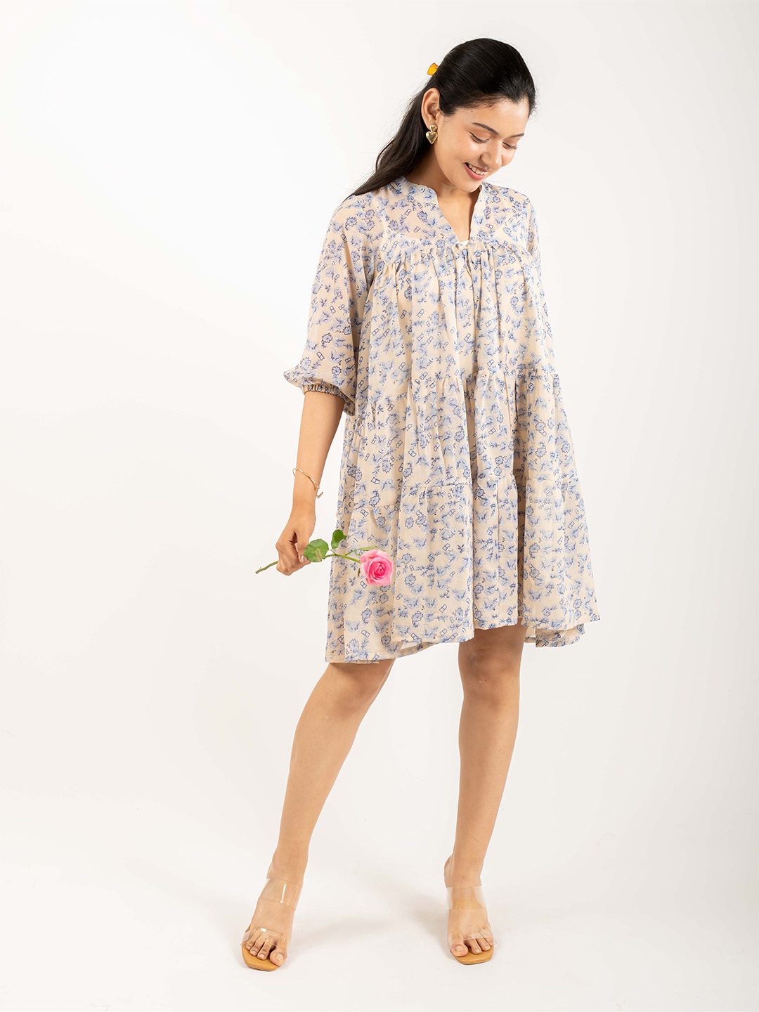 

MONOMEE Women Floral Printed Puff Sleeve A-Line Mini Dress, Beige