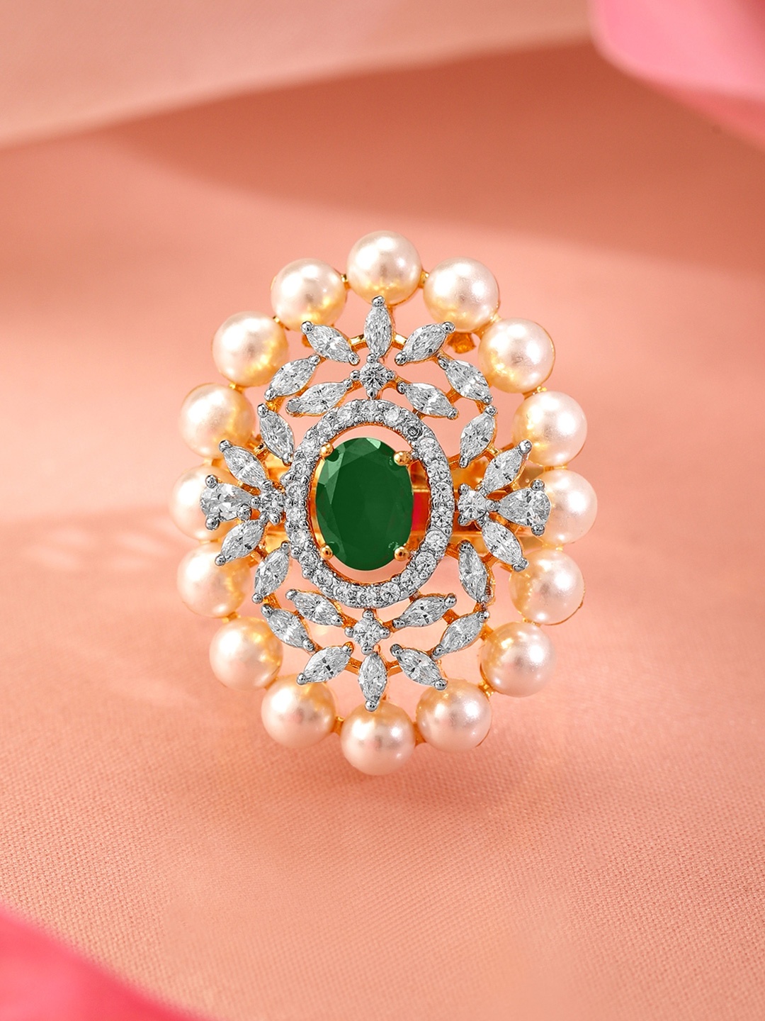 

Rubans 22K Gold Plated Cubic Zirconia Studded Adjustable Finger Ring