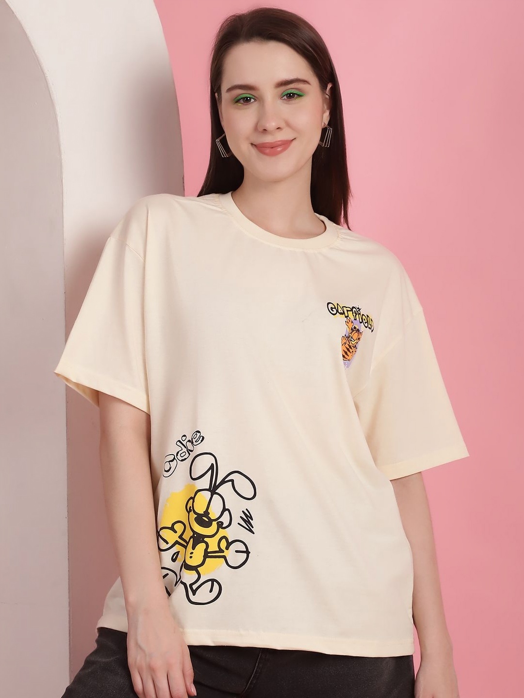 

Tromko Women Garfield Graphic Printed Round Neck Cotton Relaxed Fit T-shirt, Cream