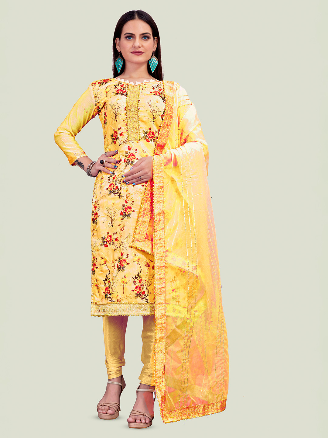 

Maroosh Floral Printed Embellished Chanderi Unstitched Dress Material, Yellow