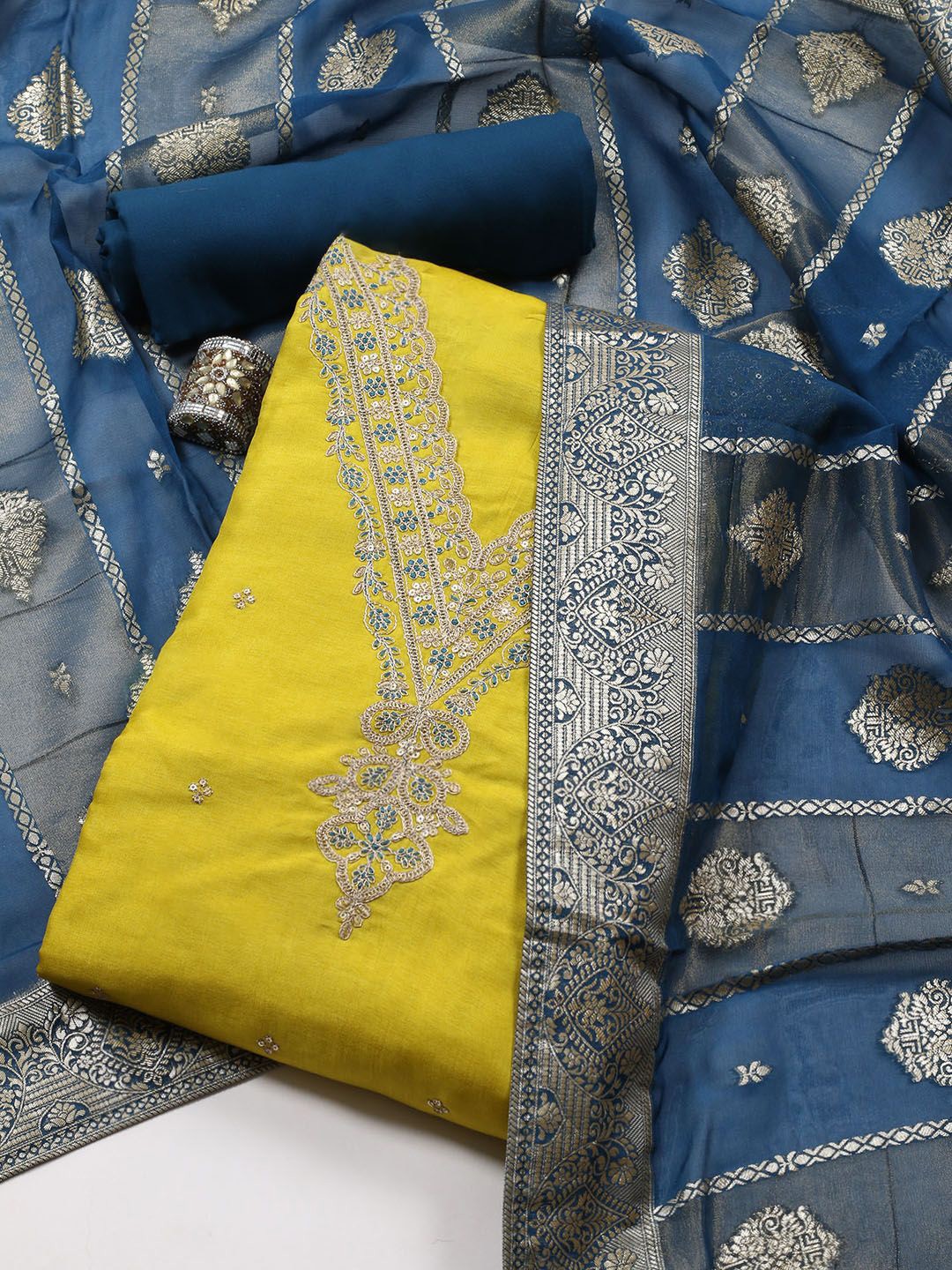 

Meena Bazaar Floral Embroidered Sequinned Unstitched Dress Material, Mustard