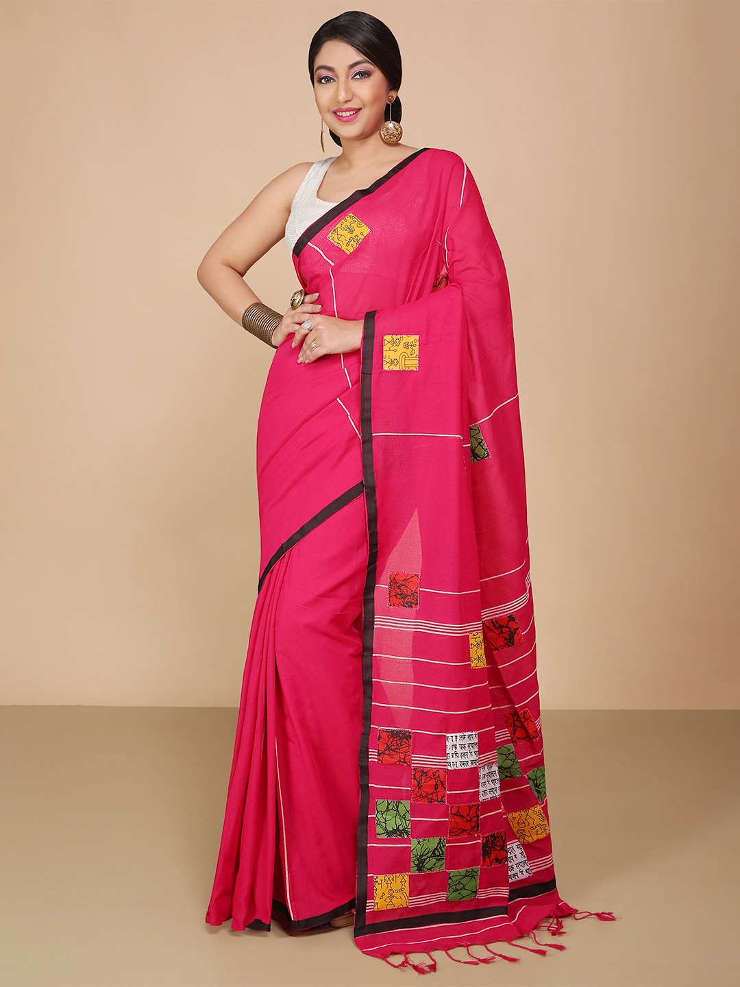 

BENGAL HANDLOOM Ethnic Motifs Taant Saree, Pink