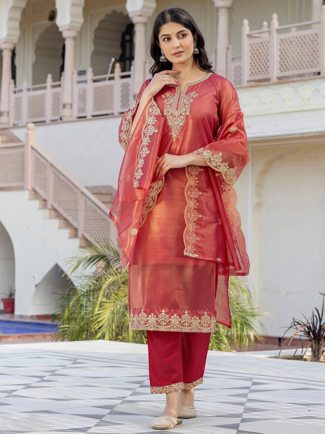 

SKYLEE Floral Yoke Design Zari Straight Kurta With Trousers & Dupatta, Orange