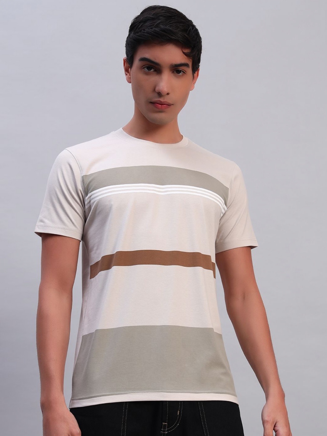 

TMO Men Striped Round Neck Cotton T-shirt, Off white