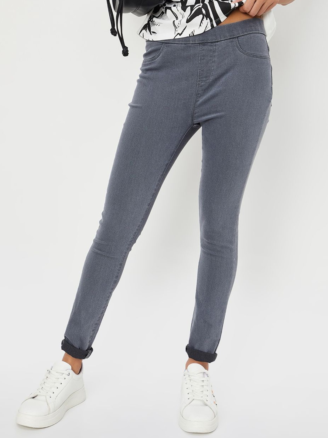 

max Women Cotton Skinny Fit Mid-Rise Jeans, Grey