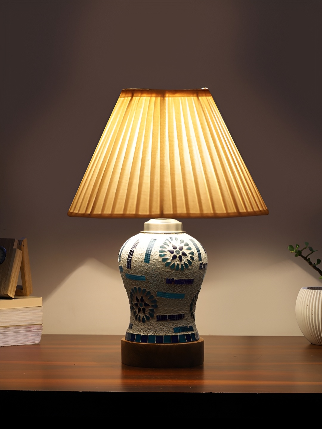 

Devansh Off White Printed Frustum Shaped Wooden Table Lamp With Mosaic Glass Base