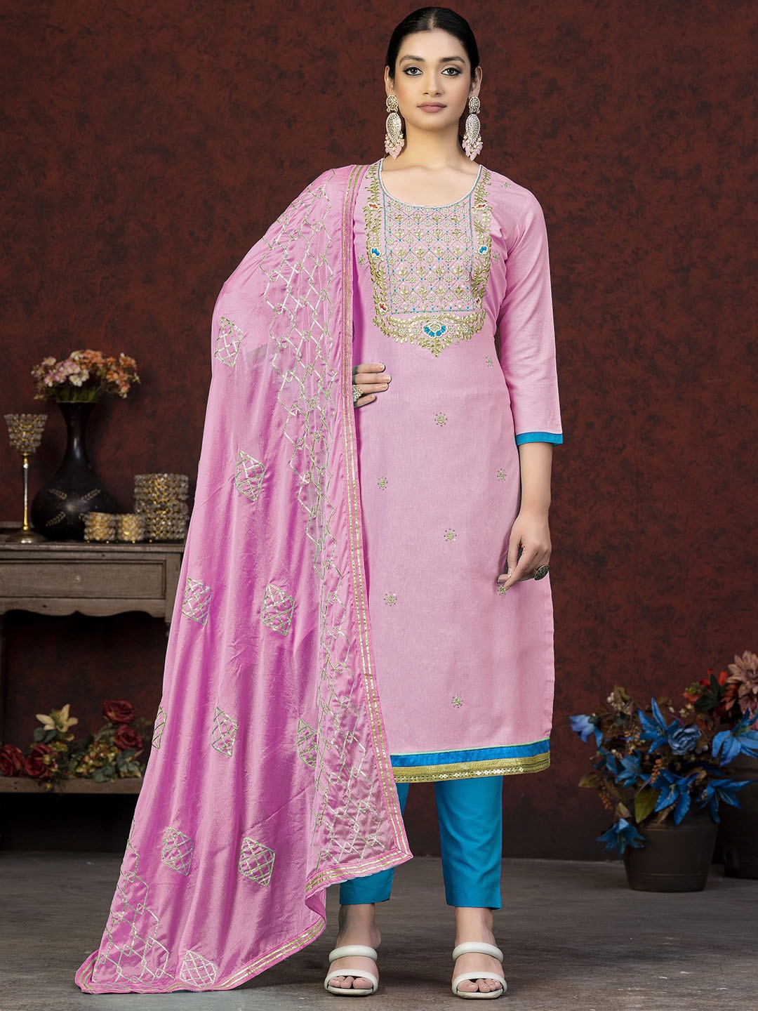 

SHADOW & SAINING Floral Printed Beads & Stones Semi-Stitched Dress Material, Pink