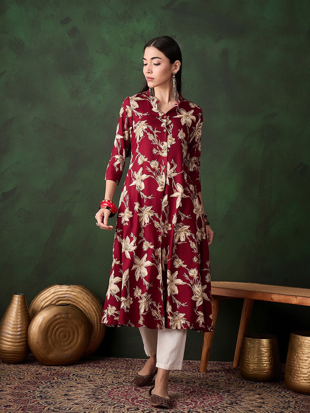 

Sangria Women Floral Printed A-Line Kurta, Maroon