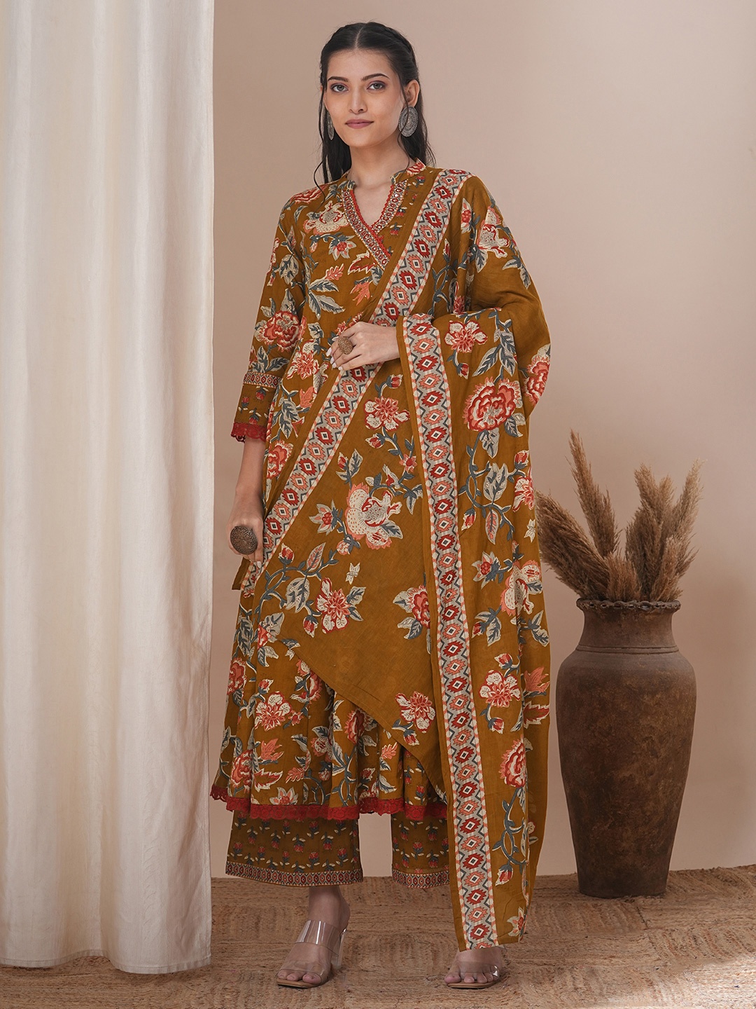 

FASHOR Ethnic Motifs Printed Panelled Sequinned Pure Cotton Kurta With Trousers & Dupatta, Mustard