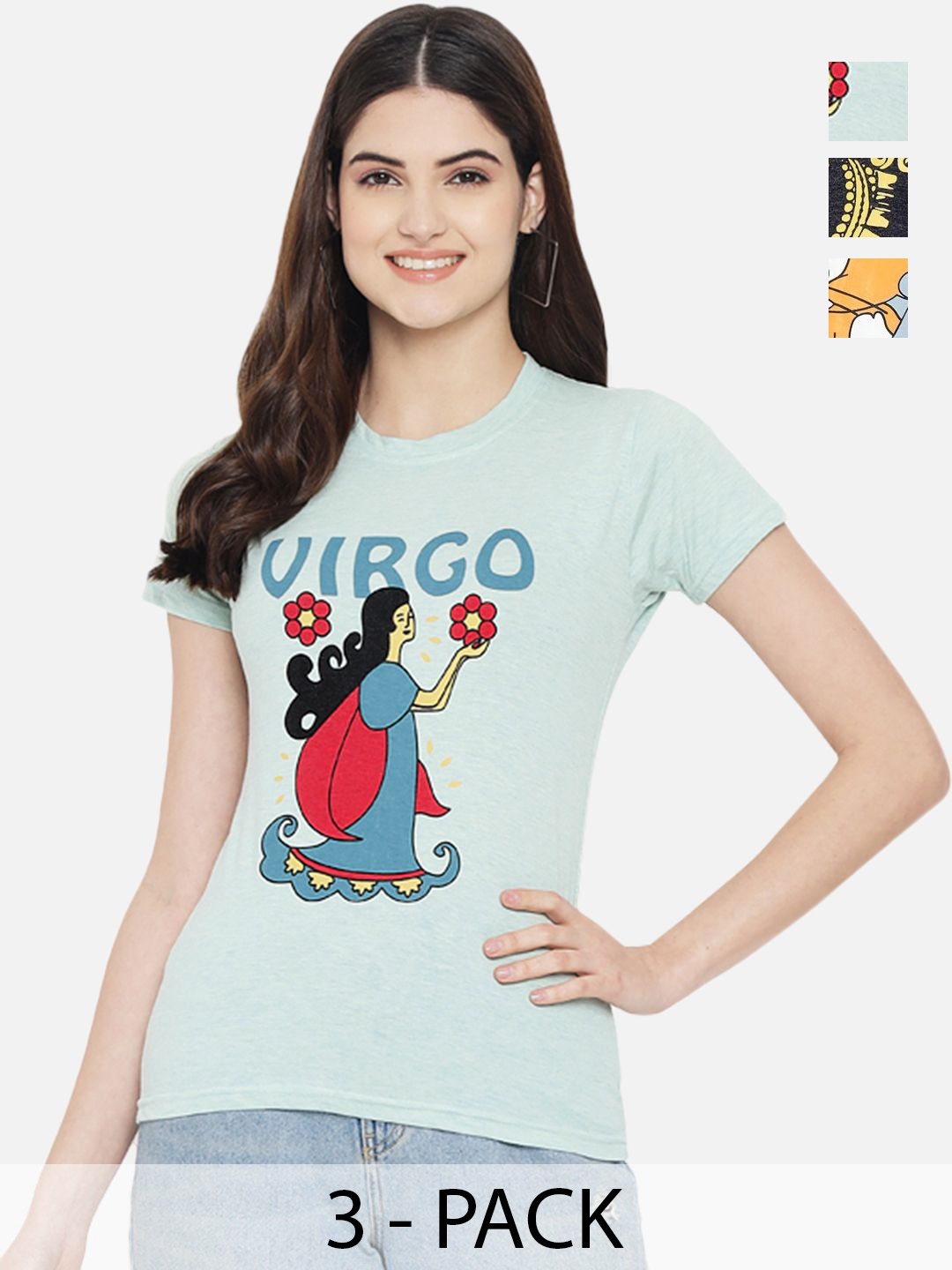 

Dreambe Women Pack of 3 Tom & Jerry Graphic Printed Round Neck Cotton T-shirts, Charcoal