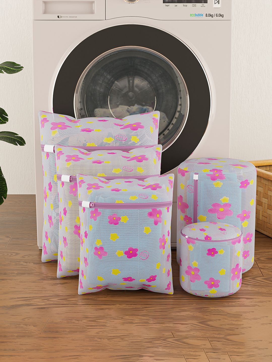 

Kuber Industries Pink 5 Pieces Sunflower Designed Reusable Laundry Bags With Zipper