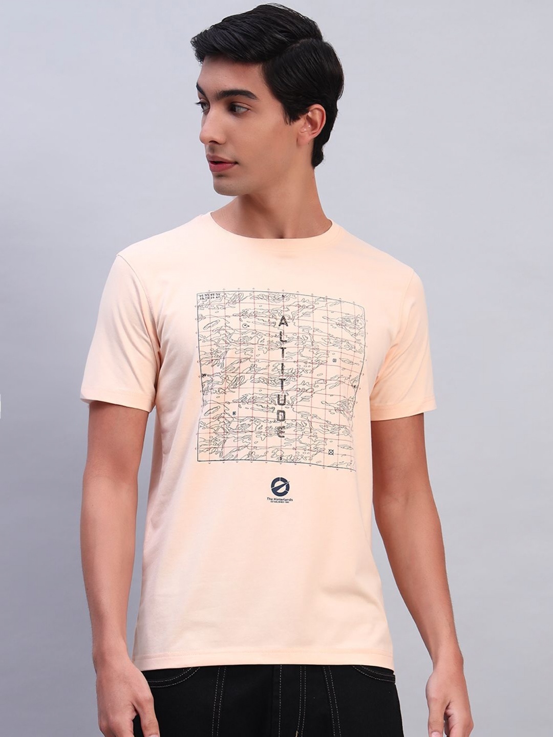 

TMO Men Graphic Printed Round Neck Cotton T-shirt, Peach