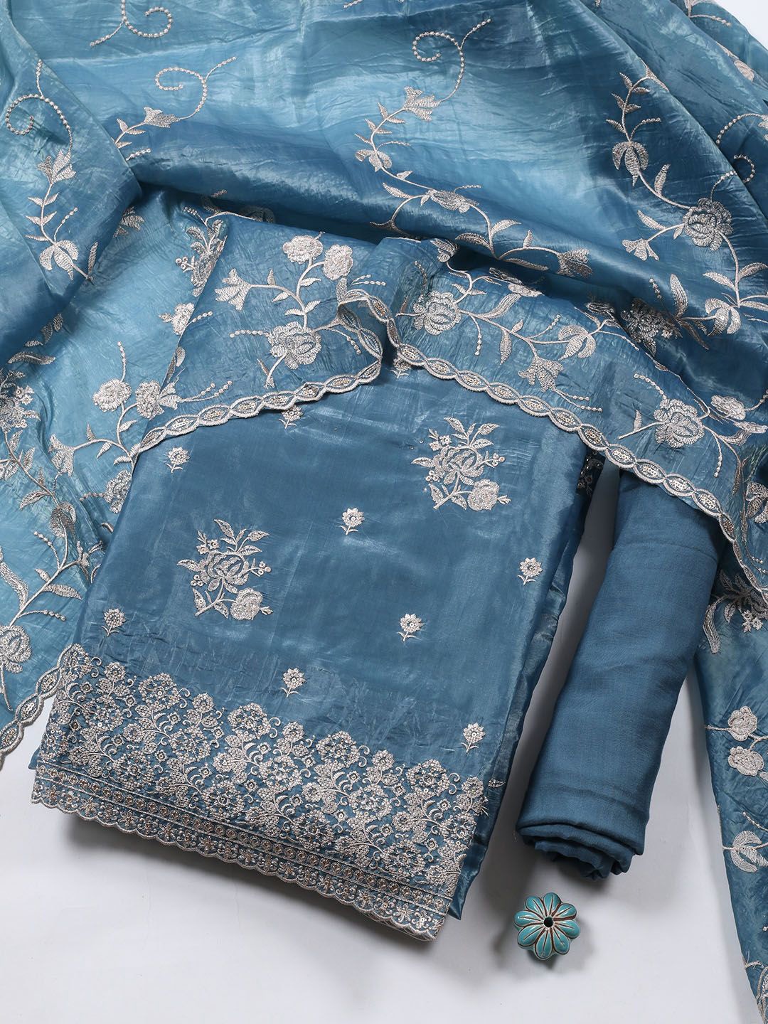 

Meena Bazaar Floral Embroidered Zari Unstitched Dress Material, Blue