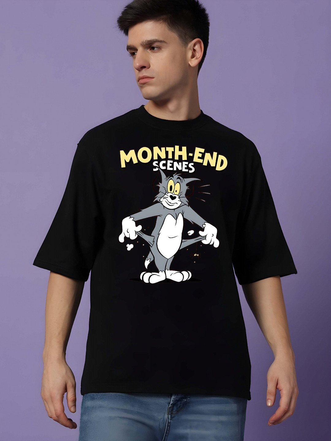 

THE BEETEL HOUSE Men Tom & Jerry Graphic Printed Round Neck Cotton Oversized T-shirt, Black