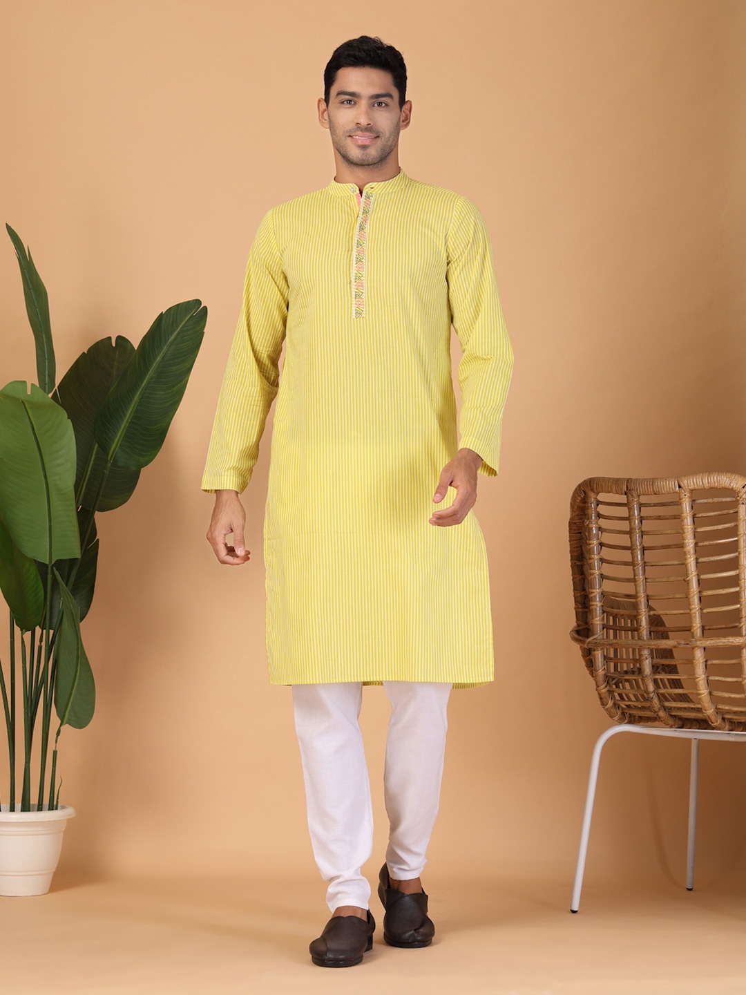 

FABRIC FITOOR Striped Band Collar Long Sleeves Thread Work Pure Cotton Straight Kurta, Lime green