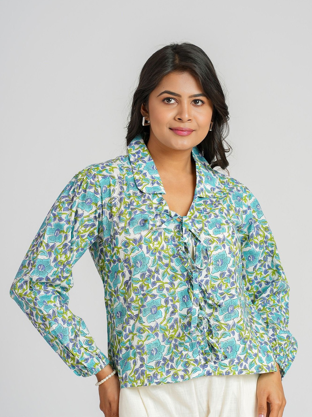 

Cotton Curio Women Cotton Block Printed Shirt Style Top, White