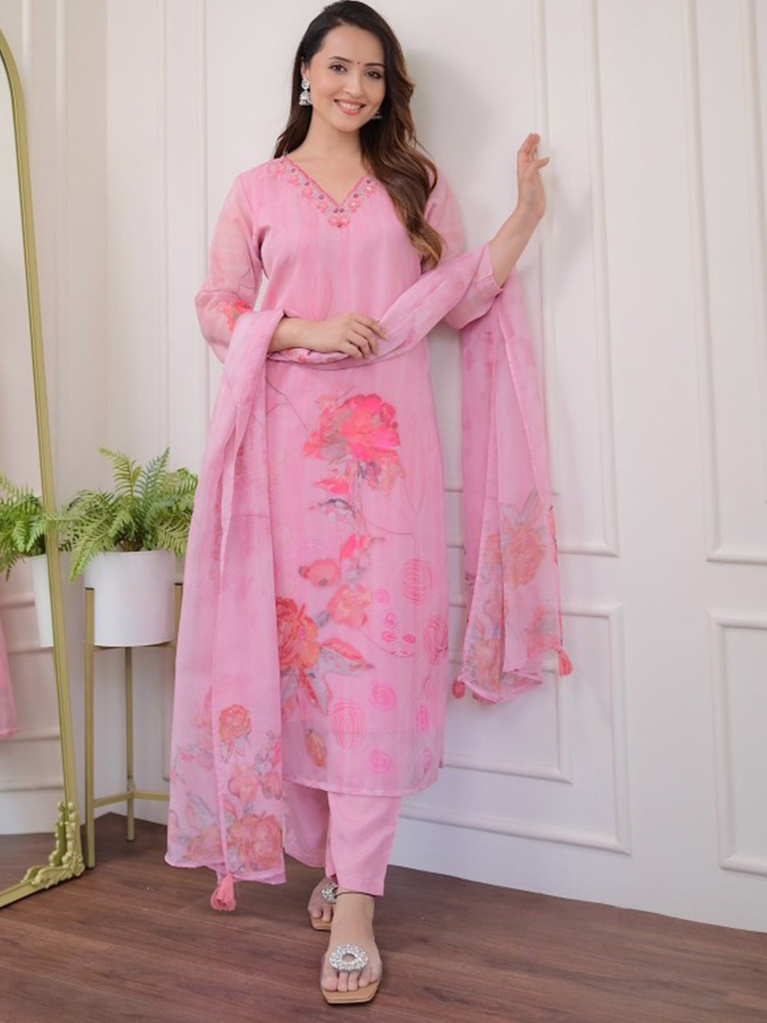 

Growdamy Floral Embroidered Thread Work Organza Straight Kurta With Trouser And Dupatta, Pink