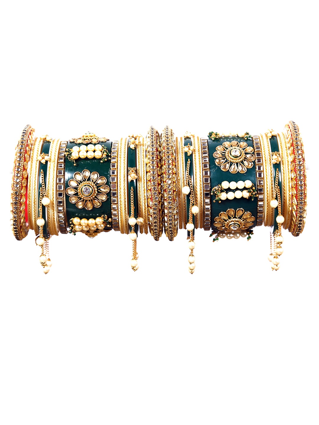 

Zindura Set Of 2 Gold-Plated Stones Studded & Pearl Beaded Chuda Bangles