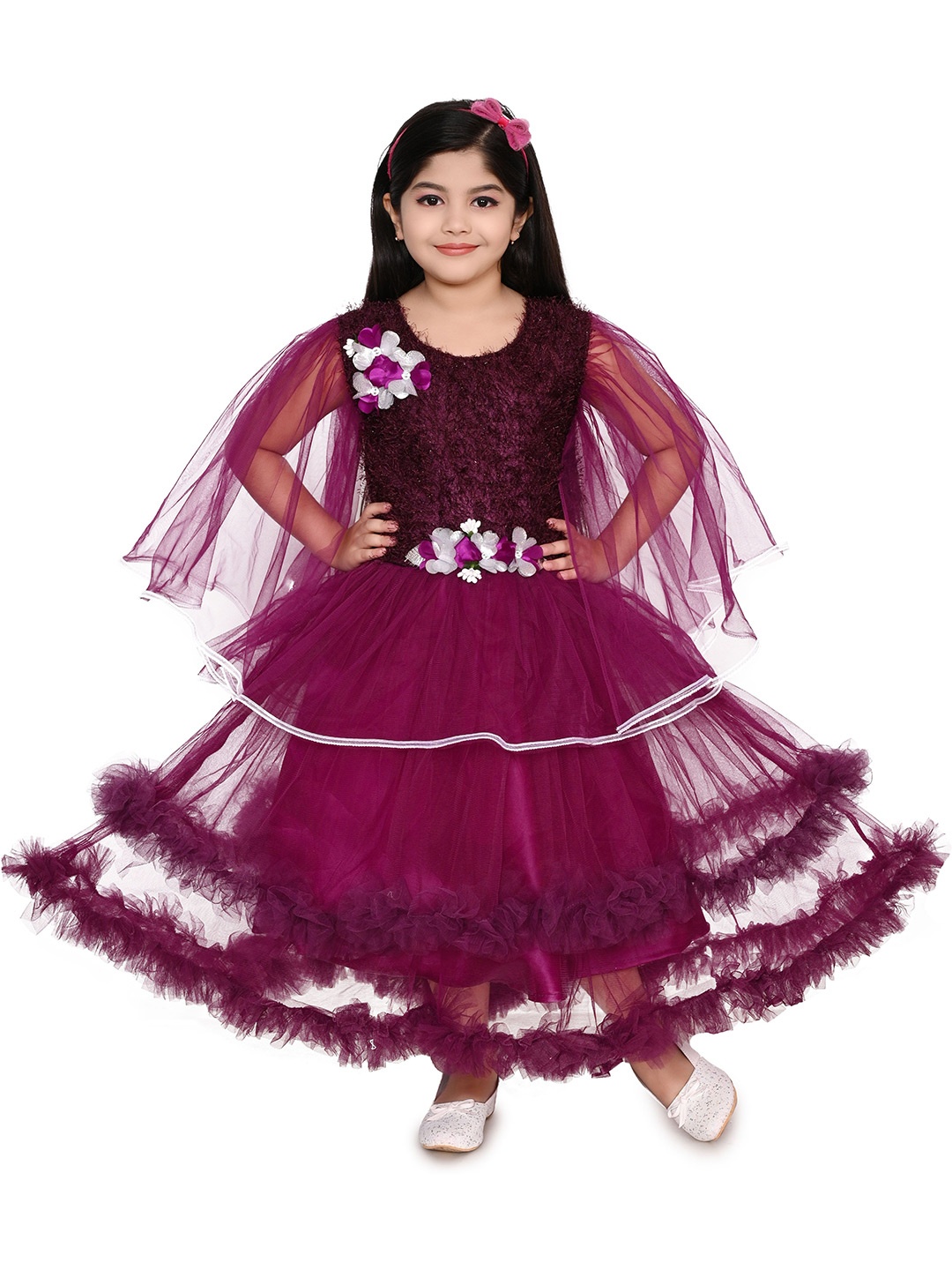

Zenat Girls Round Neck Flared Sleeve Fit & Flare Dress, Purple