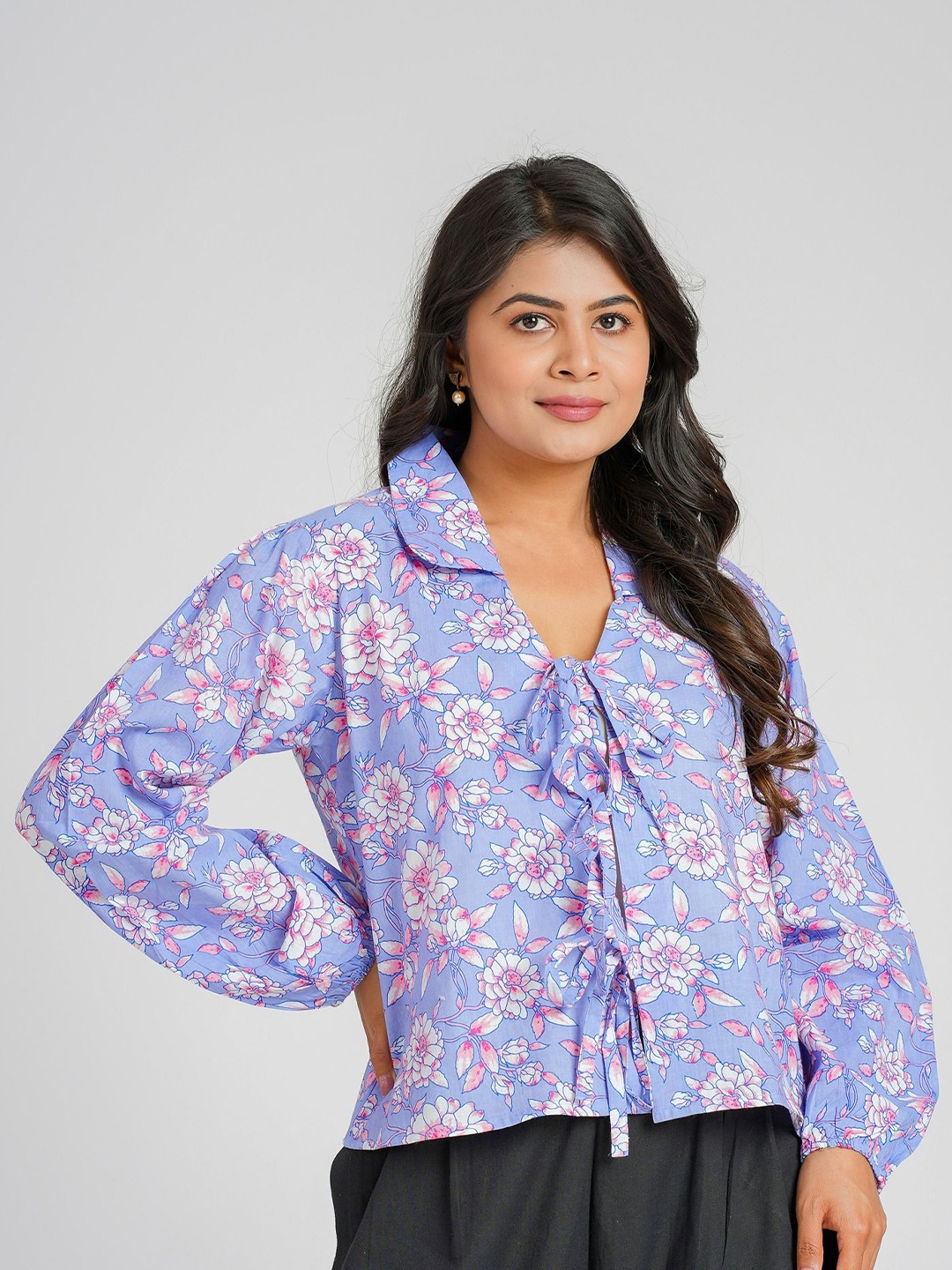 

Cotton Curio Women Floral Printed Cotton Shirt Style Top, Purple