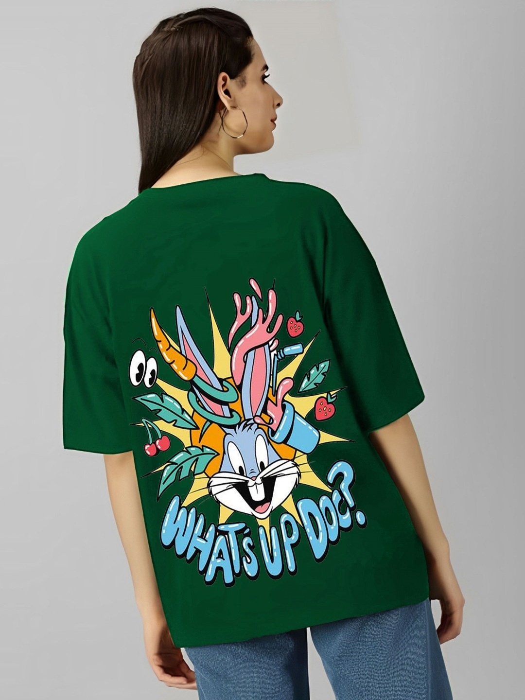 

kintu parantu Women Bugs Bunny Graphic Printed Round Neck Cotton Oversized T-shirt, Green