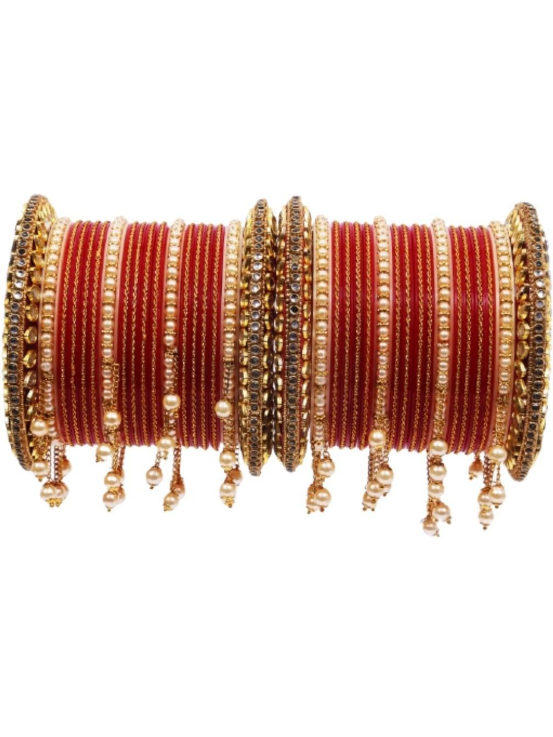 

Zindura Set Of 2 Gold Plated Stones Studded & Beaded Pearl Chuda Bangles
