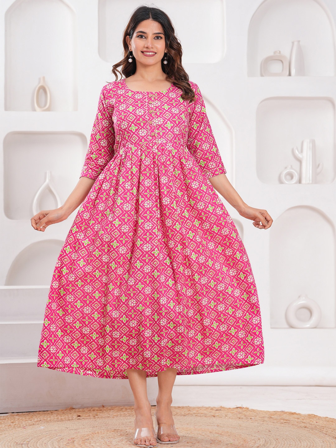 

NITVAN Floral Printed Cotton Sequinned Maternity A-Line Ethnic Dress, Pink