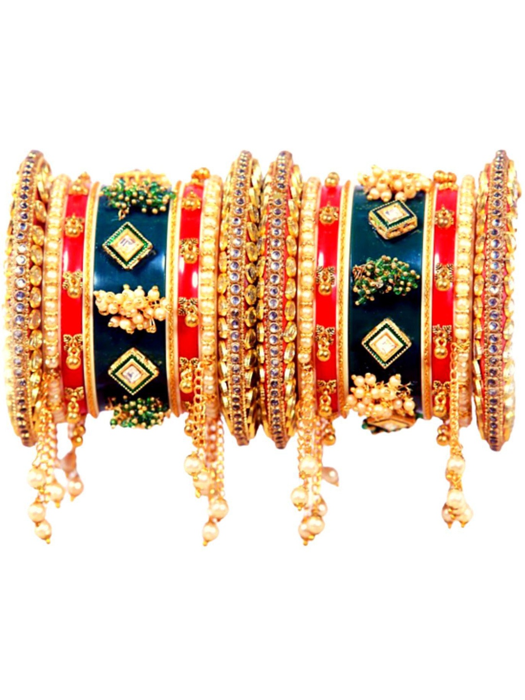 

Zindura Set Of 2 Gold Plated American Diamond Studded & Beaded Chuda Bangles