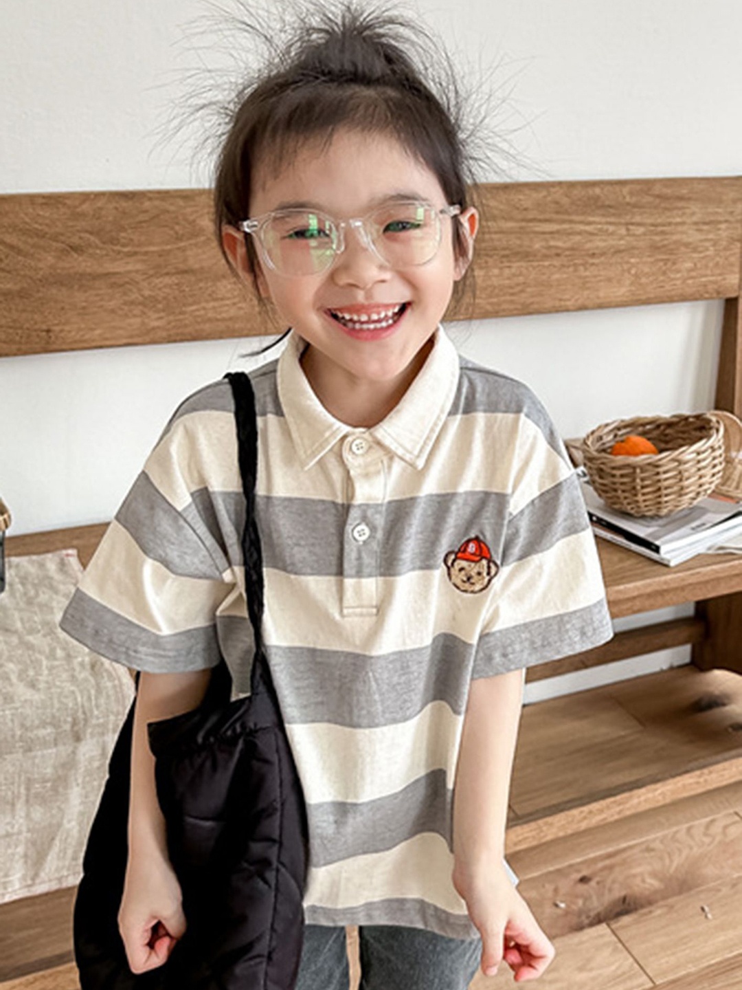 

LULU & SKY Girls Striped Polo Collar Relaxed Fit T-shirt, Grey