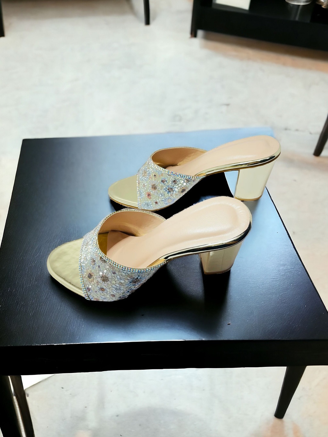 

FABBMATE Embellished Open Toe Party Block Sandals, Silver