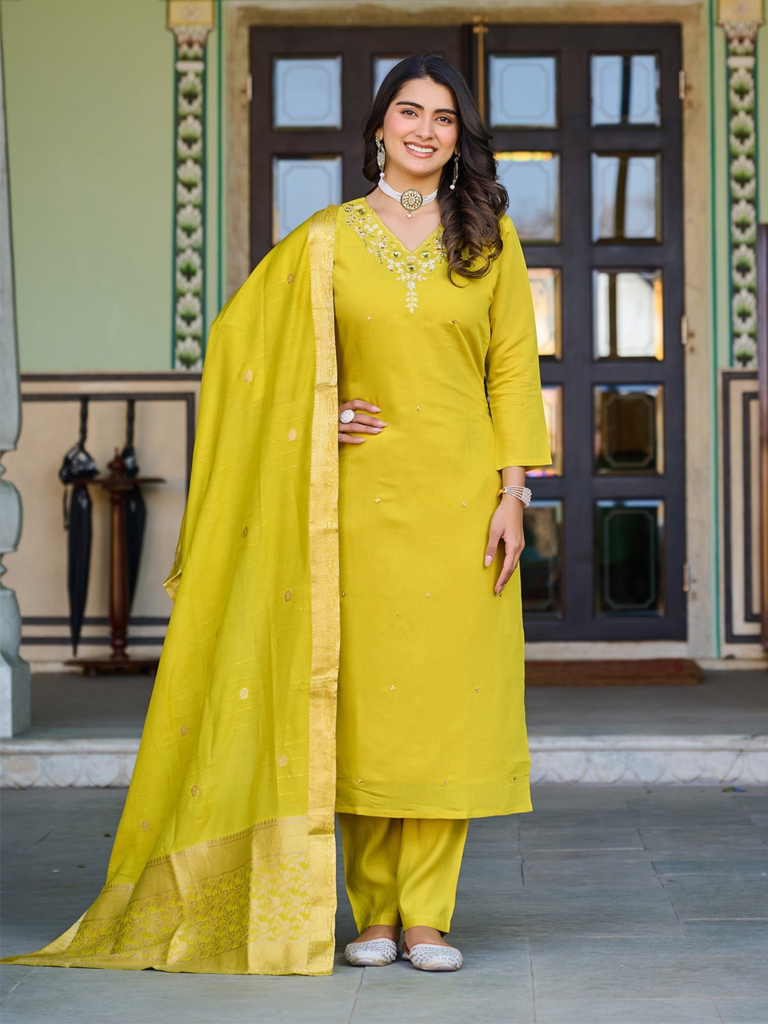 

REALLTREND Floral Embroidered V-Neck Sequinned Straight Kurta With Trousers & Dupatta, Yellow