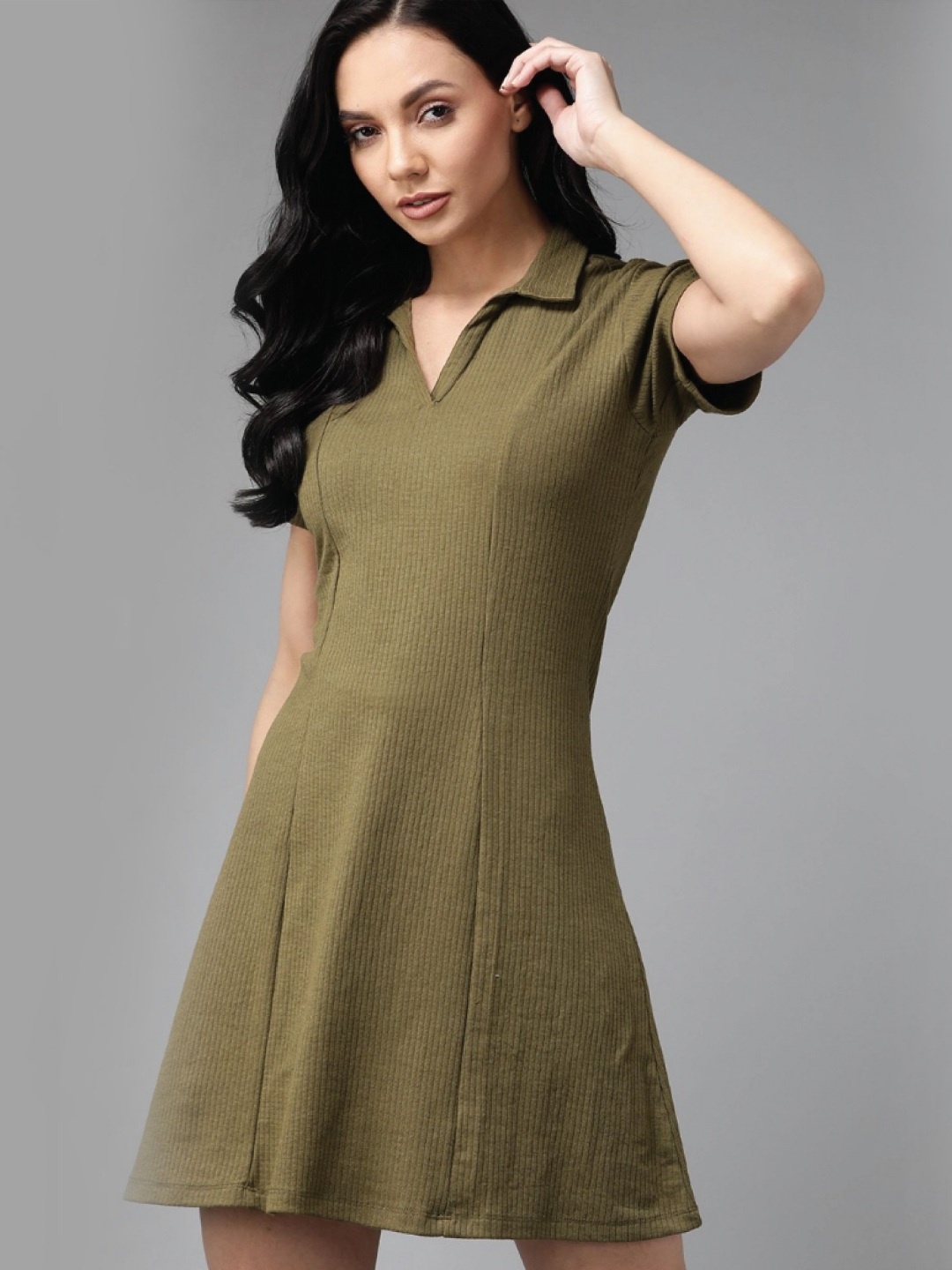 

Dreambe Striped Shirt Collar T-Shirt Dress, Green