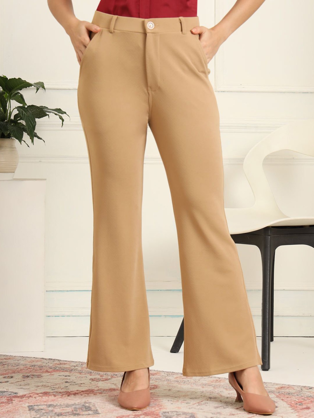 

IndianRang Women Relaxed Loose Fit High-Rise Wrinkle Free Bootcut Trousers, Beige