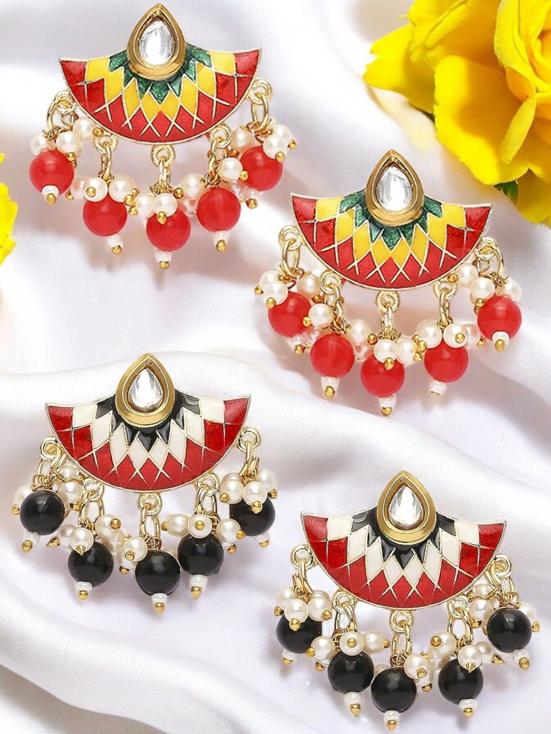 

Anouk Set Of 2 Kundan Stones Studded & Beaded Meenakari Contemporary Shaped Drop Earrings, Red