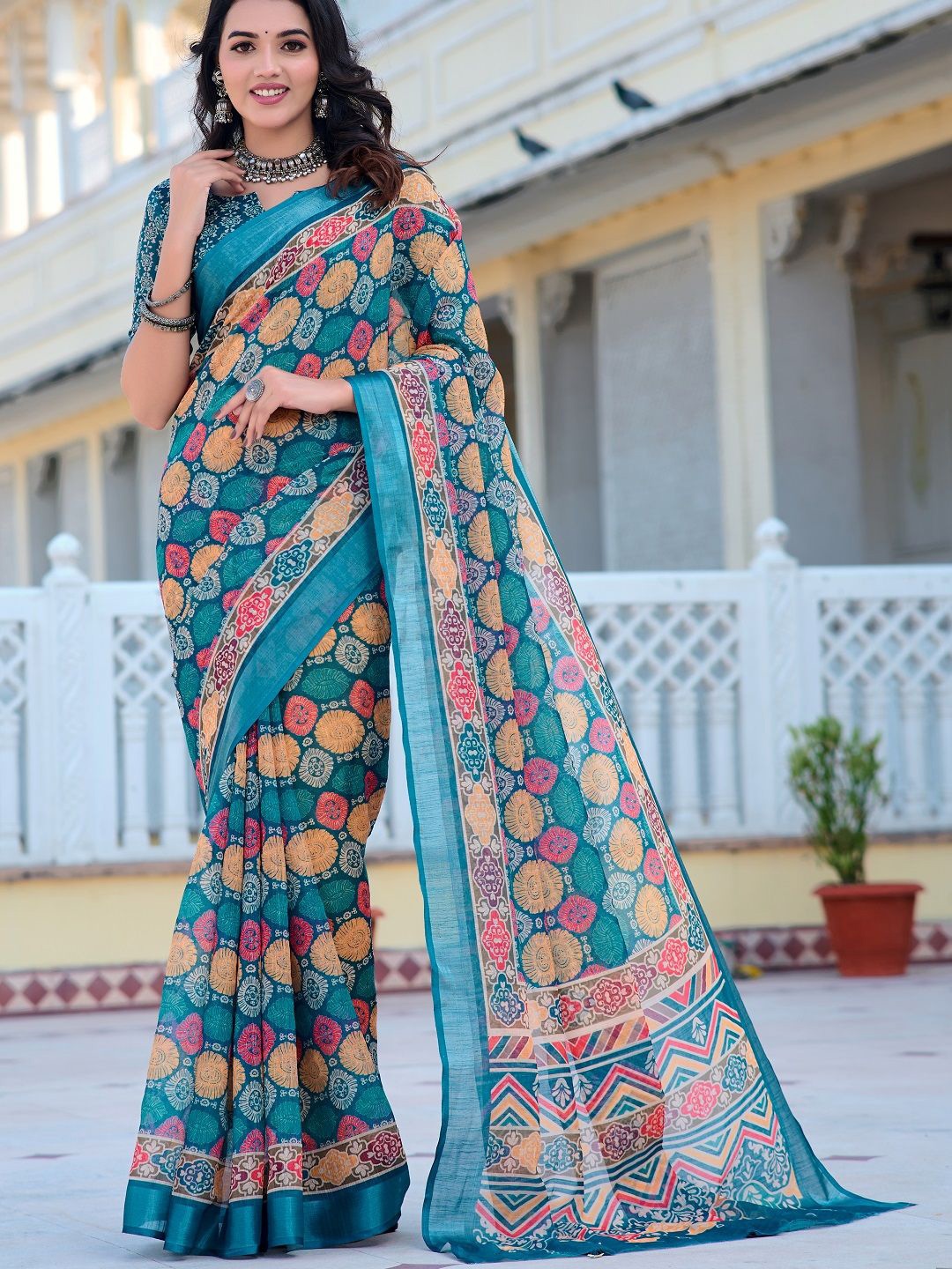 

Mitera Women Floral Printed Zari Pure Cotton Saree, Blue