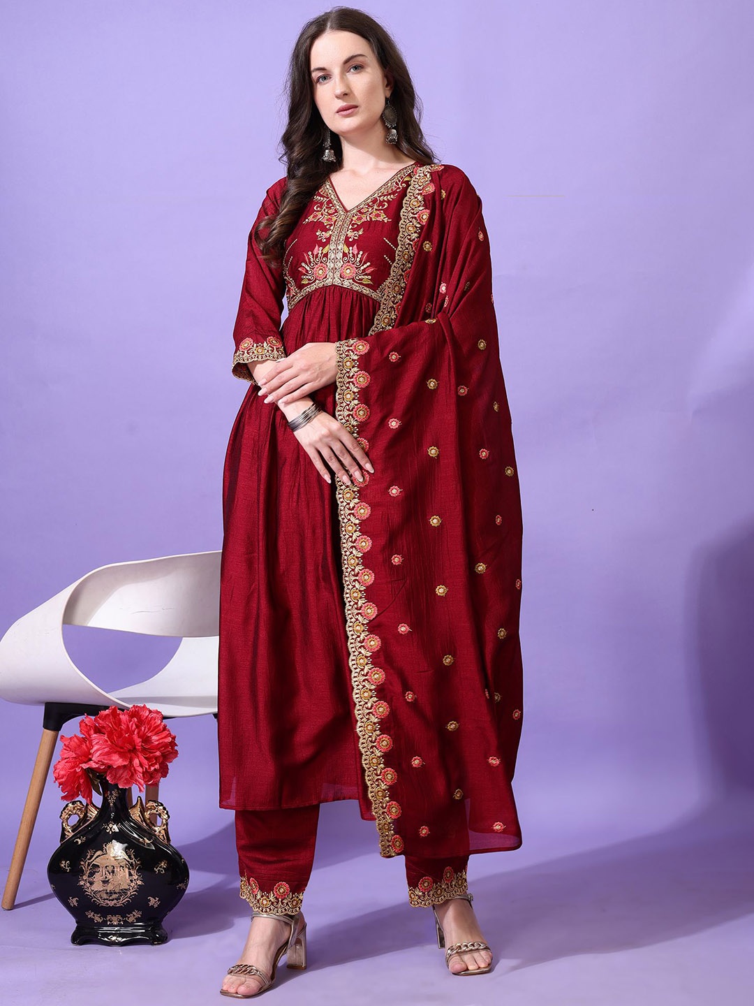 

KALINI Floral Yoke Design V-Neck Thread Work Anarkali Kurta With Palazzos And Dupatta, Red