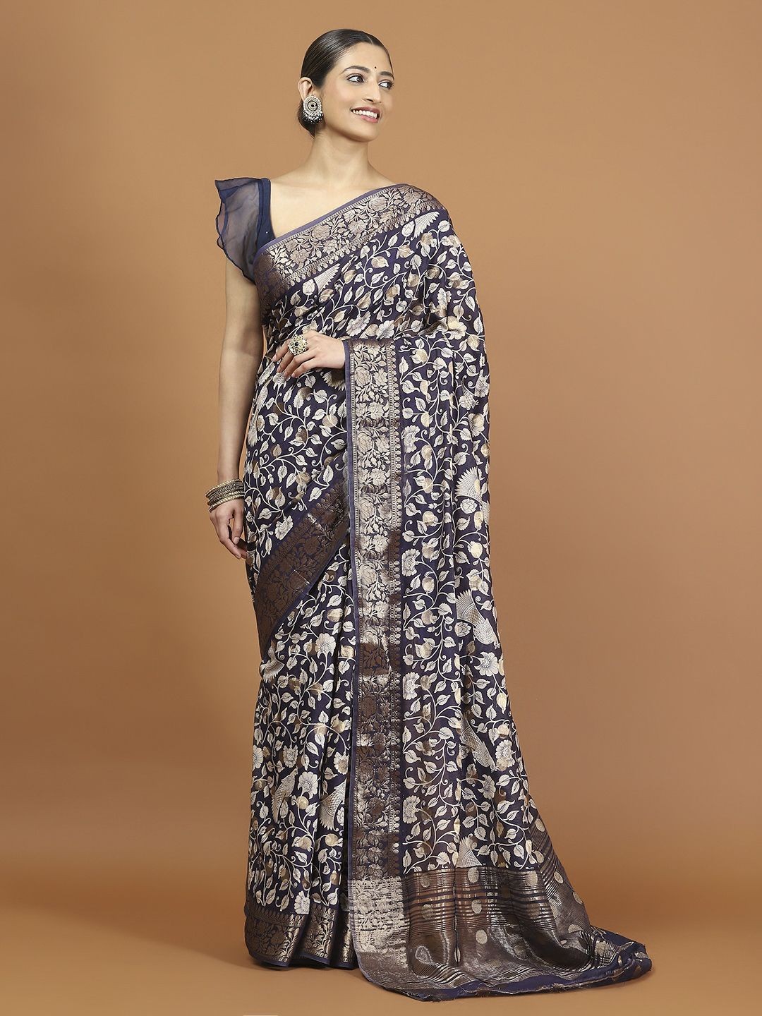 

Meena Bazaar Kalamkari Printed Zari Saree, Navy blue