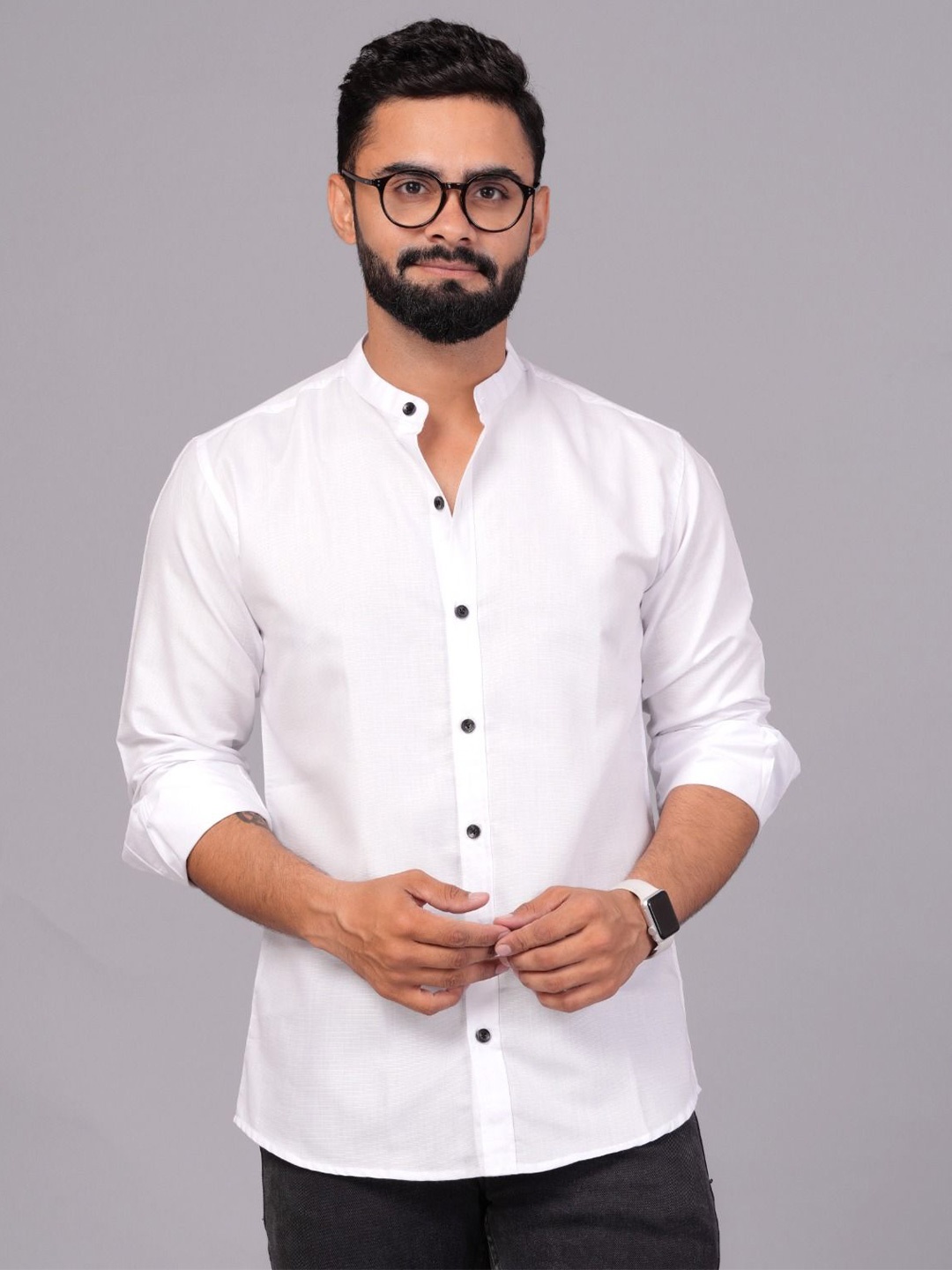 

UNIBLISS Men India Slim Fit Band Collar Solid Cotton Casual Shirt, White