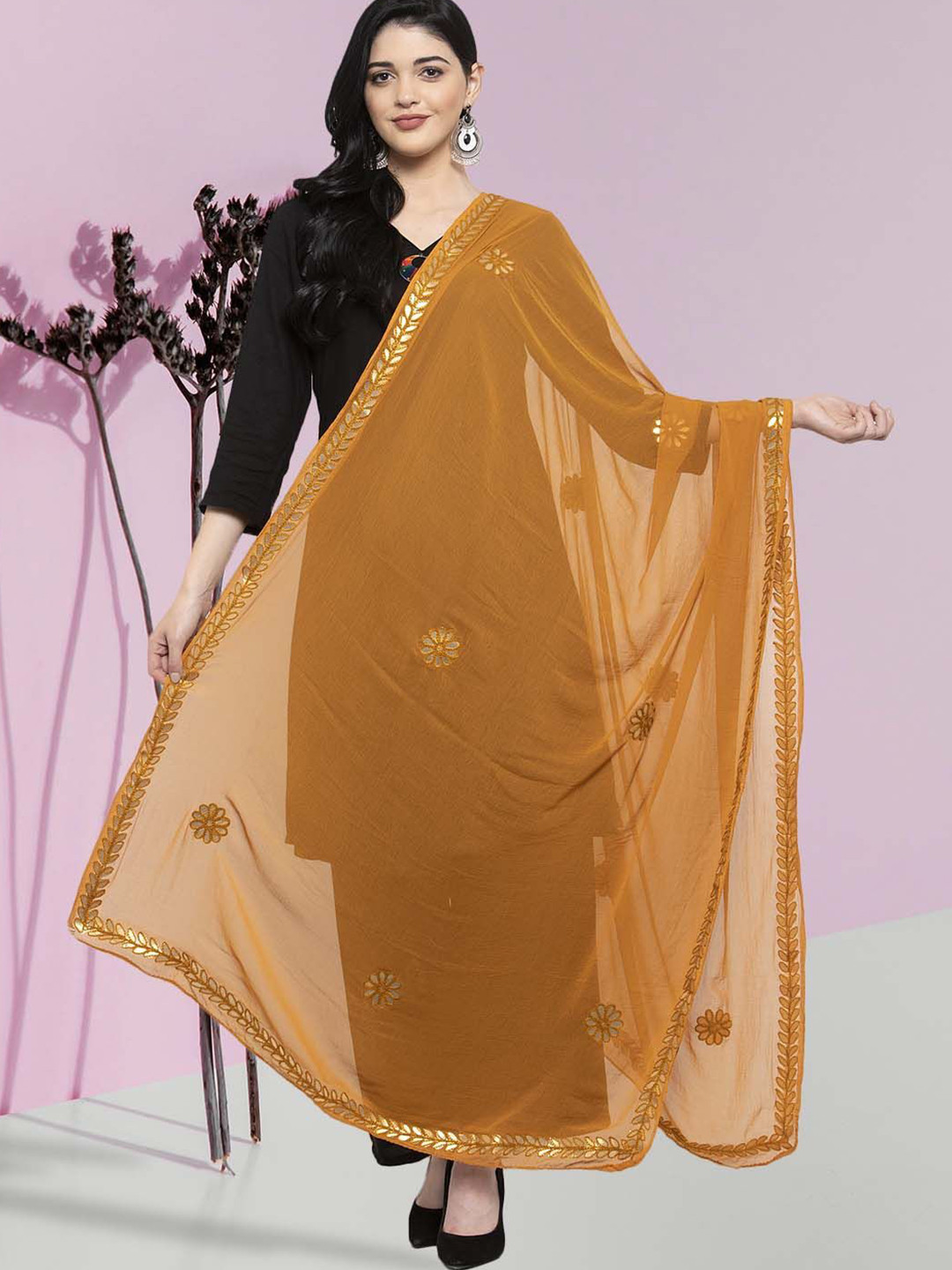 

Moda Rapido Floral Embroidered Thread Work Dupatta, Mustard