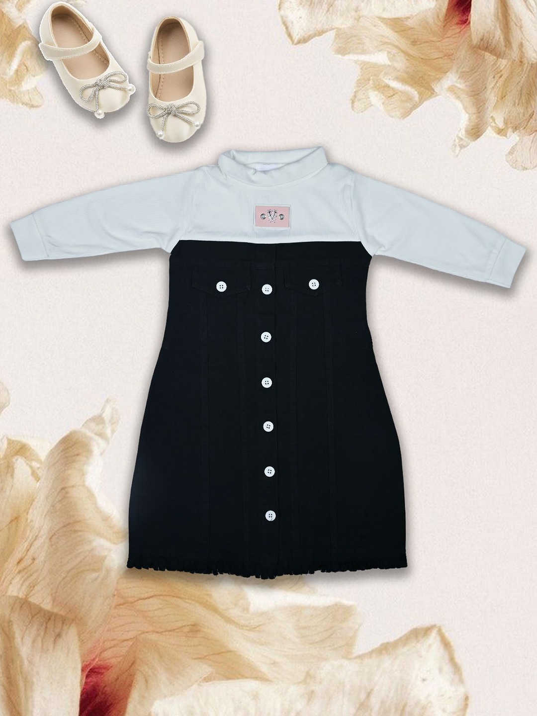 

we11 Girls Colourblocked Denim A-Line Dress, Black