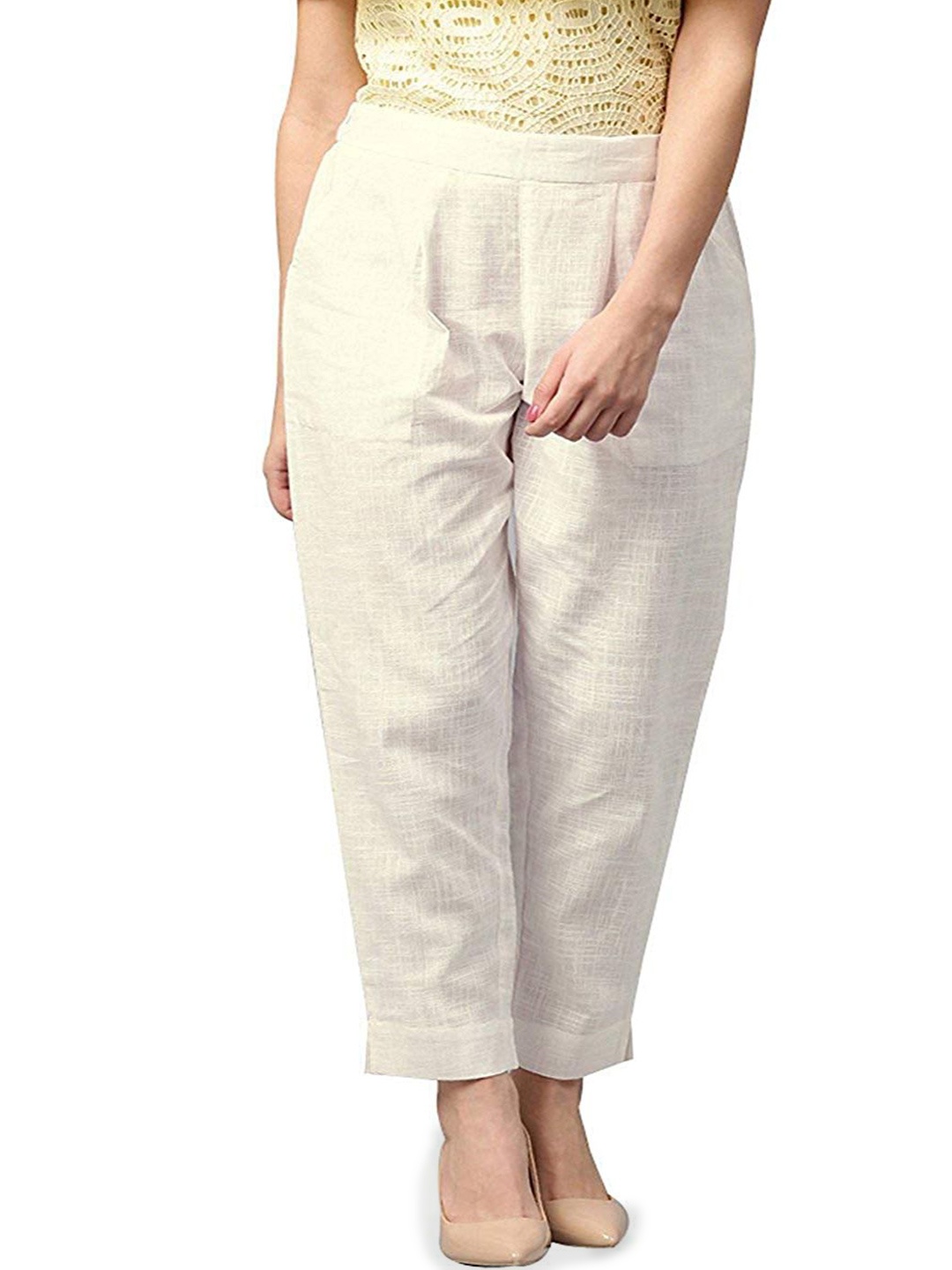 

ATARAH Women High-Rise Pure Cotton Pleated Trousers, White