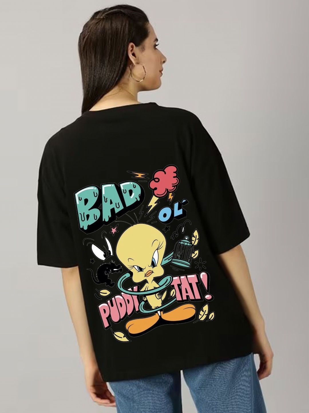 

kintu parantu Women Graphic Printed Round Neck Cotton Oversized T-shirt, Black