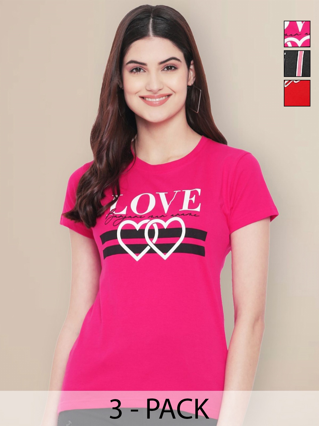 

Metronaut Women Pack of 3 Typography Printed Round Neck Cotton T-shirts, Fuchsia